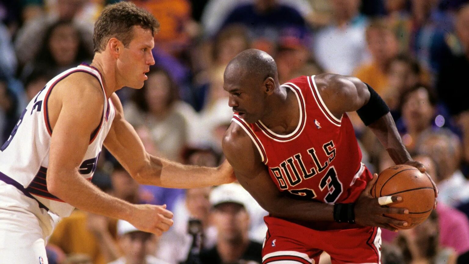 Suns guard Dan Majerle defends Bulls guard Michael Jordan during Game 1 of the NBA Finals in 1993 in Phoenix. Michael Chow/The Republic / USA TODAY NETWORK via Imagn Images Michael Chow/The Republic / USA TODAY NETWORK via Imagn Images