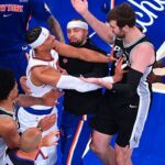 Jun 8, 2026; New York, New York, USA; New York Knicks guard Josh Hart (3) pushes San Antonio Spurs center Luke Kornet (7) after the whistle during game three of the 2026 NBA Finals in the first quarter at Madison Square Garden. Mandatory Credit: Wendell Cruz-Imagn Images