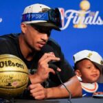 Jun 13, 2026; San Antonio, Texas, USA; New York Knicks guard Josh Hart (3) speaks to the media after the Knicks defeat the San Antonio Spurs during game five of the 2026 NBA Finals at Frost Bank Center. Mandatory Credit: Scott Wachter-Imagn Images