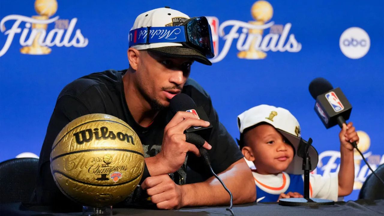 Jun 13, 2026; San Antonio, Texas, USA; New York Knicks guard Josh Hart (3) speaks to the media after the Knicks defeat the San Antonio Spurs during game five of the 2026 NBA Finals at Frost Bank Center. Mandatory Credit: Scott Wachter-Imagn Images