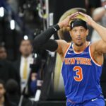 Jun 5, 2026; San Antonio, Texas, USA; New York Knicks guard Josh Hart (3) reacts to a call during the fourth quarter against the San Antonio Spurs during game two of the 2026 NBA Finals at Frost Bank Center. Mandatory Credit: Scott Wachter-Imagn Images