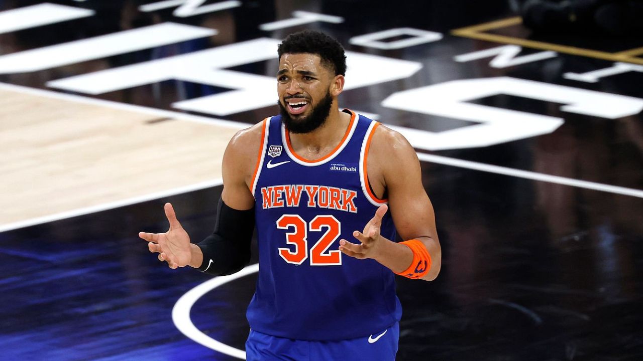 SAN ANTONIO, TEXAS - JUNE 05: Karl-Anthony Towns #32 of the New York Knicks reacts during the third quarter against the San Antonio Spurs in Game Two of the 2026 NBA Finals at Frost Bank Center on June 05, 2026 in San Antonio, Texas. (Photo by Ronald Cortes/Getty Images)