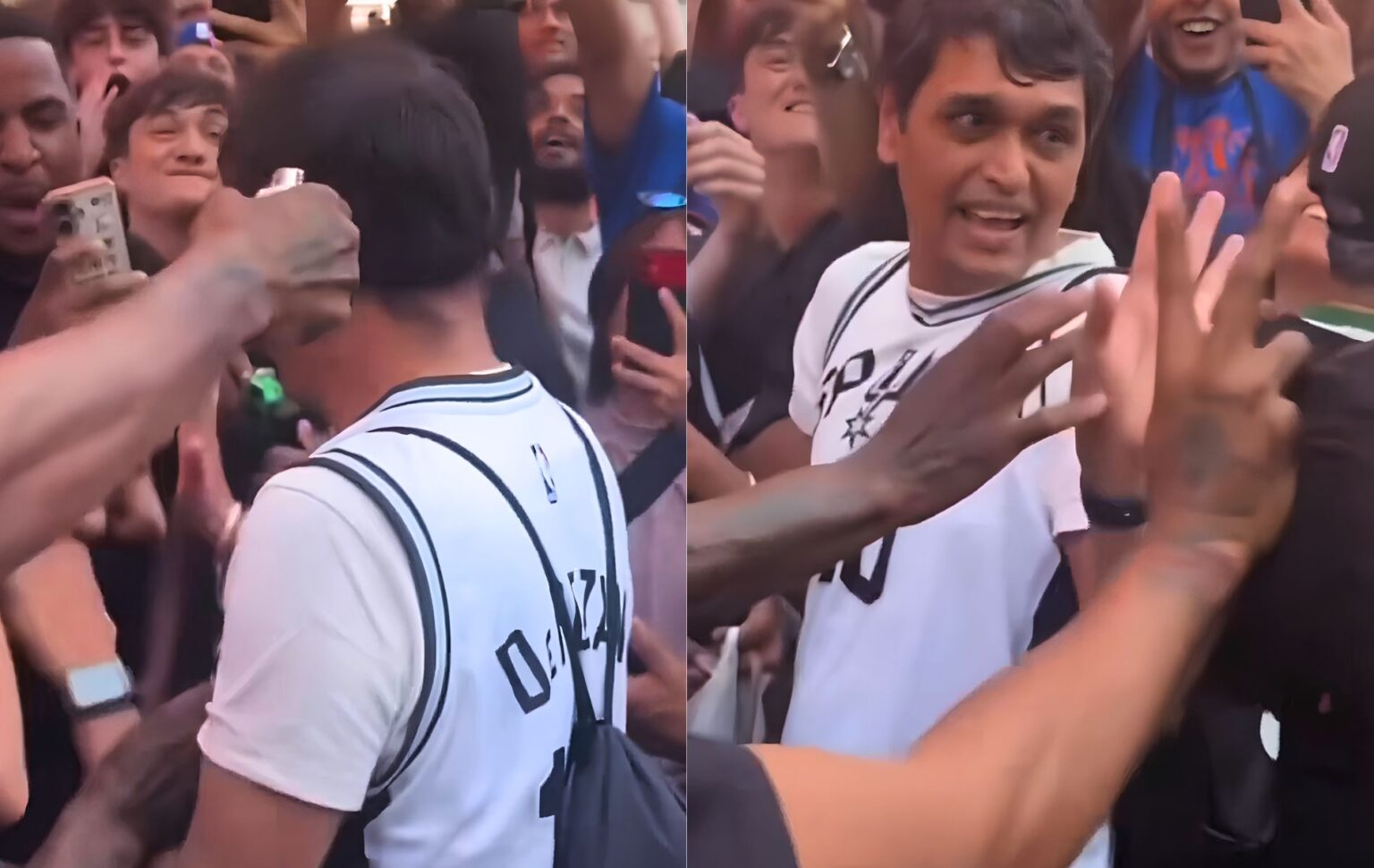 Knicks fan almost sets Spurs fan on fire on Monday night. Mandatory Credit: @usanewshq - X