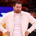 HOUSTON, TEXAS - APRIL 24: Luka Doncic #77 of the Los Angeles Lakers reacts during the game against the Houston Rockets at Toyota Center on April 24, 2026 in Houston, Texas. (Photo by Kenneth Richmond/Getty Images)