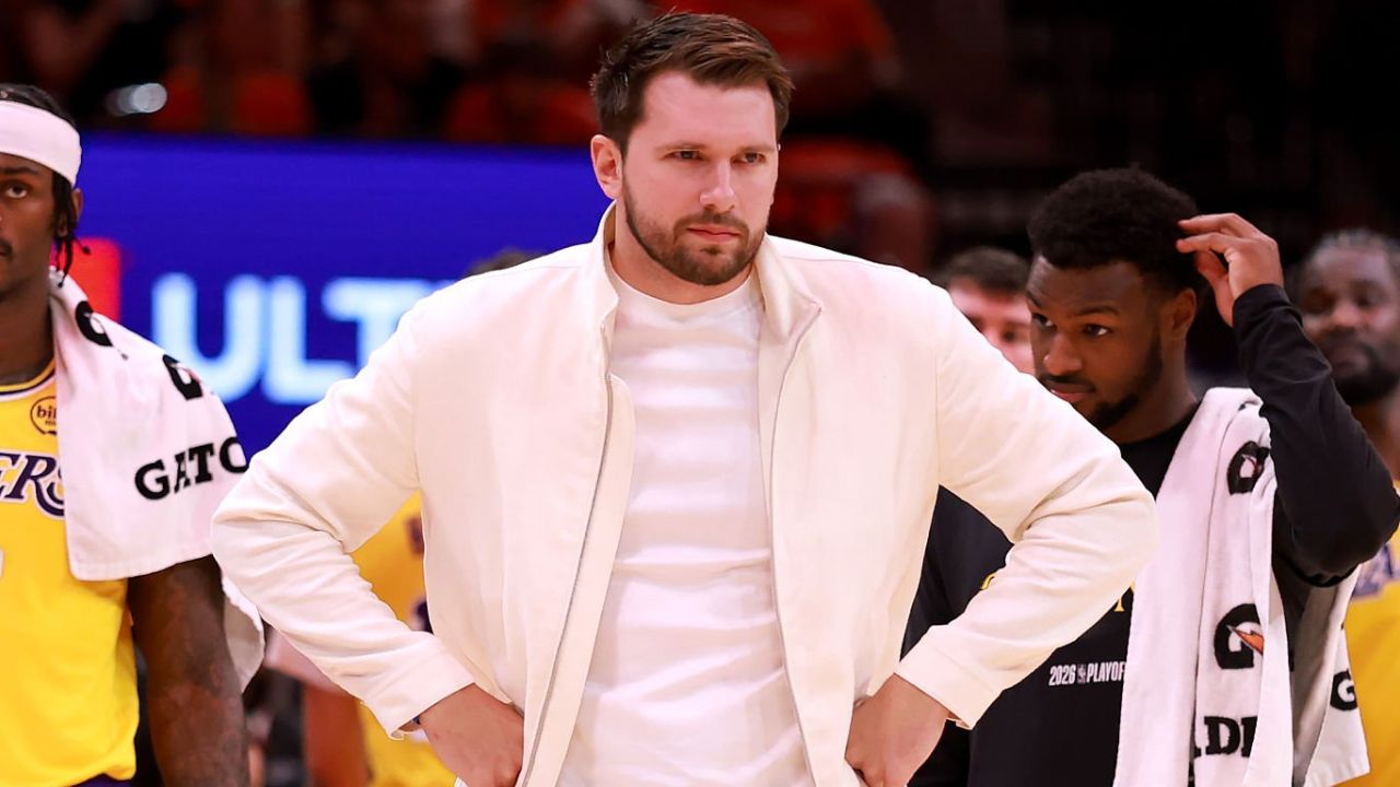 HOUSTON, TEXAS - APRIL 24: Luka Doncic #77 of the Los Angeles Lakers reacts during the game against the Houston Rockets at Toyota Center on April 24, 2026 in Houston, Texas. (Photo by Kenneth Richmond/Getty Images)