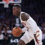 May 21, 2026; New York, New York, USA; Cleveland Cavaliers guard Dennis Schroder (8) dribbles against the New York Knicks during the second quarter of the eastern conference finals of the 2026 NBA playoffs at Madison Square Garden. Mandatory Credit: Vincent Carchietta-Imagn Images