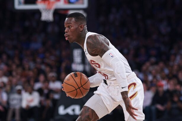 May 21, 2026; New York, New York, USA; Cleveland Cavaliers guard Dennis Schroder (8) dribbles against the New York Knicks during the second quarter of the eastern conference finals of the 2026 NBA playoffs at Madison Square Garden. Mandatory Credit: Vincent Carchietta-Imagn Images