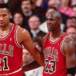 PORTLAND, OR - 1991: Stacey King #21 and Michael Jordan #23 of the Chicago Bulls talk during the game against the Portland Trailblazers played at the Veterans Memorial Coliseum in Portland, Oregon circa 1991. (Photo by Brian Drake/NBAE via Getty Images)