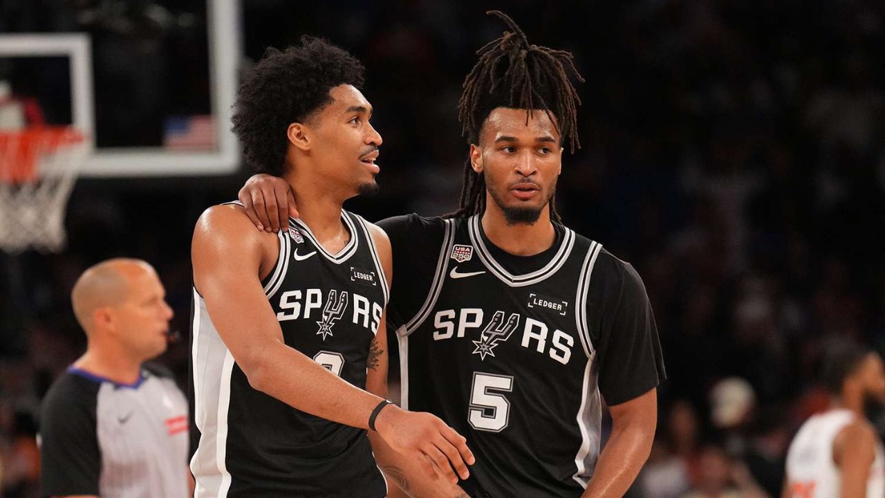 NEW YORK, NY - JUNE 5: Dylan Harper #2 and Stephon Castle #5 of the San Antonio Spurs look on during the game against the New York Knicks during Game Three of the 2026 NBA Finals on June 8, 2026 at Madison Square Garden in New York, New York. (Photo by Jesse D. Garrabrant/NBAE via Getty Images)