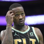 Jan 26, 2023; Charlotte, North Carolina, USA; Charlotte Hornets guard Terry Rozier (3) reacts after being called on a foul during the second half against the Chicago Bulls at the Spectrum Center. Mandatory Credit: Sam Sharpe-Imagn Images