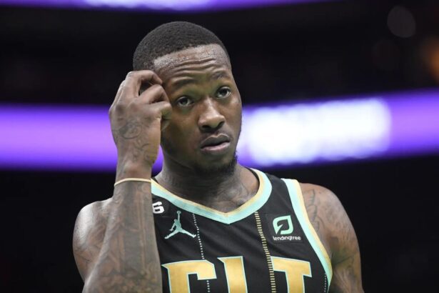 Jan 26, 2023; Charlotte, North Carolina, USA; Charlotte Hornets guard Terry Rozier (3) reacts after being called on a foul during the second half against the Chicago Bulls at the Spectrum Center. Mandatory Credit: Sam Sharpe-Imagn Images