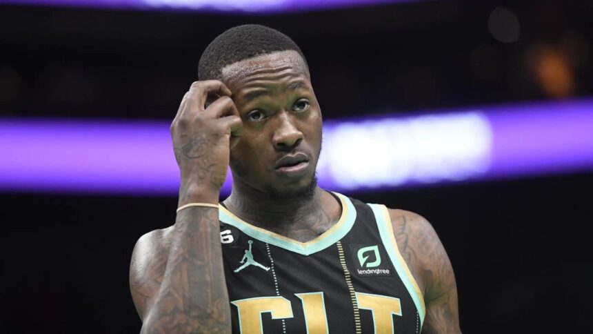 Jan 26, 2023; Charlotte, North Carolina, USA; Charlotte Hornets guard Terry Rozier (3) reacts after being called on a foul during the second half against the Chicago Bulls at the Spectrum Center. Mandatory Credit: Sam Sharpe-Imagn Images