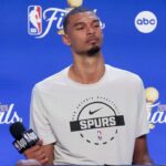 Jun 3, 2026; San Antonio, Texas, USA; San Antonio Spurs forward Victor Wembanyama speaks to the media after game one of the 2026 NBA Finals at Frost Bank Center. Mandatory Credit: Scott Wachter-Imagn Images