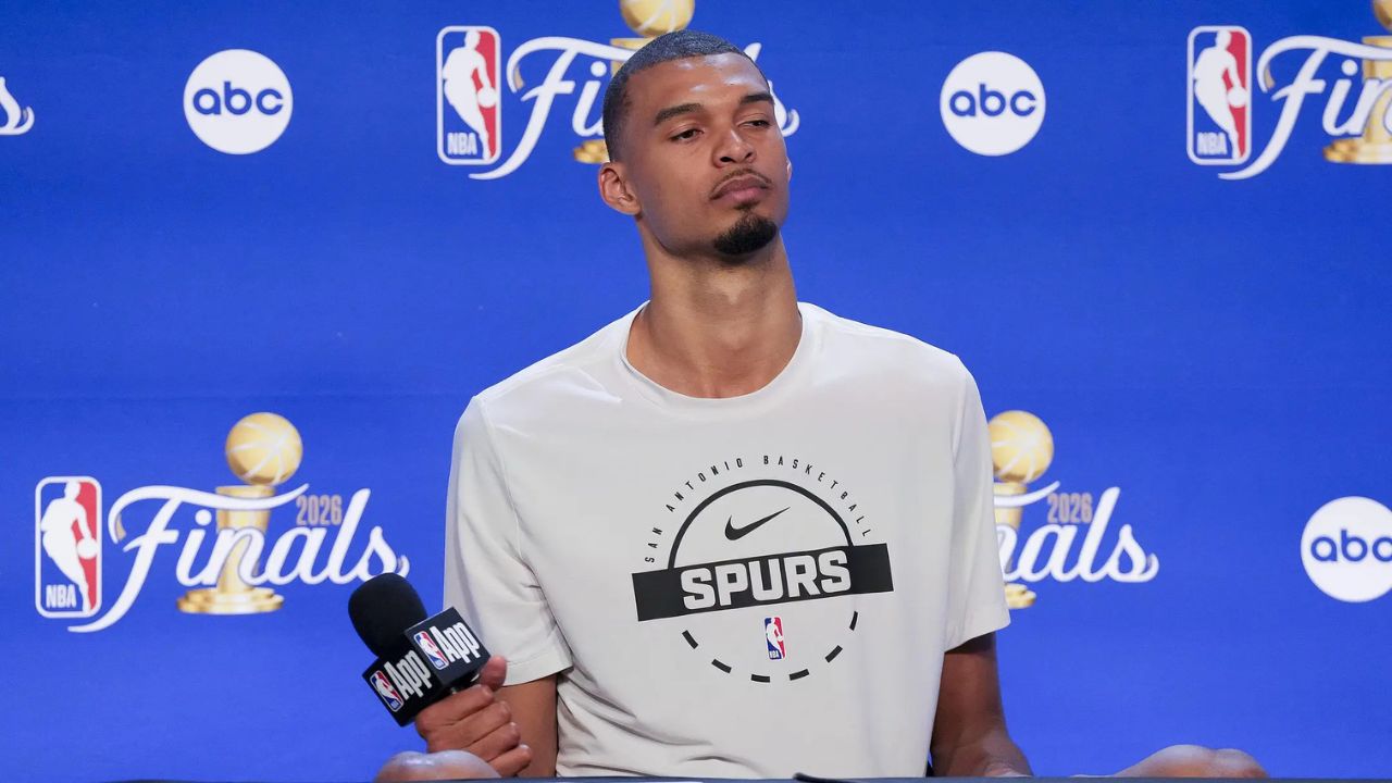 Jun 3, 2026; San Antonio, Texas, USA; San Antonio Spurs forward Victor Wembanyama speaks to the media after game one of the 2026 NBA Finals at Frost Bank Center. Mandatory Credit: Scott Wachter-Imagn Images