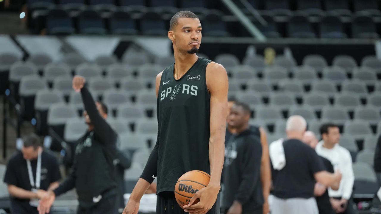 Jun 2, 2026; San Antonio, TX, USA; San Antonio Spurs forward Victor Wembanyama (1) looks over during practice on media day for the 2026 NBA Finals at Frost Bank Center. Mandatory Credit: Daniel Dunn-Imagn Images