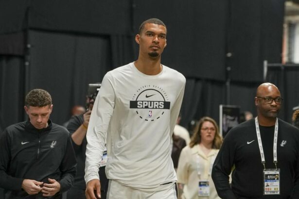Jun 5, 2026; San Antonio, Texas, USA; San Antonio Spurs forward Victor Wembanyama (1) after the game between the Spurs and the Knicks in game two of the 2026 NBA Finals at Frost Bank Center. Mandatory Credit: Daniel Dunn-Imagn Images