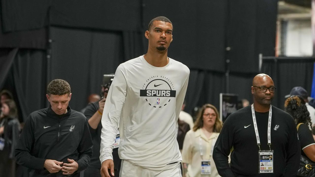 Jun 5, 2026; San Antonio, Texas, USA; San Antonio Spurs forward Victor Wembanyama (1) after the game between the Spurs and the Knicks in game two of the 2026 NBA Finals at Frost Bank Center. Mandatory Credit: Daniel Dunn-Imagn Images