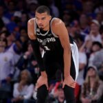 Jun 10, 2026; New York, New York, USA; San Antonio Spurs forward Victor Wembanyama (1) reacts during the fourth quarter of game four of the 2026 NBA Finals against the New York Knicks at Madison Square Garden. Mandatory Credit: Brad Penner-Imagn Images
