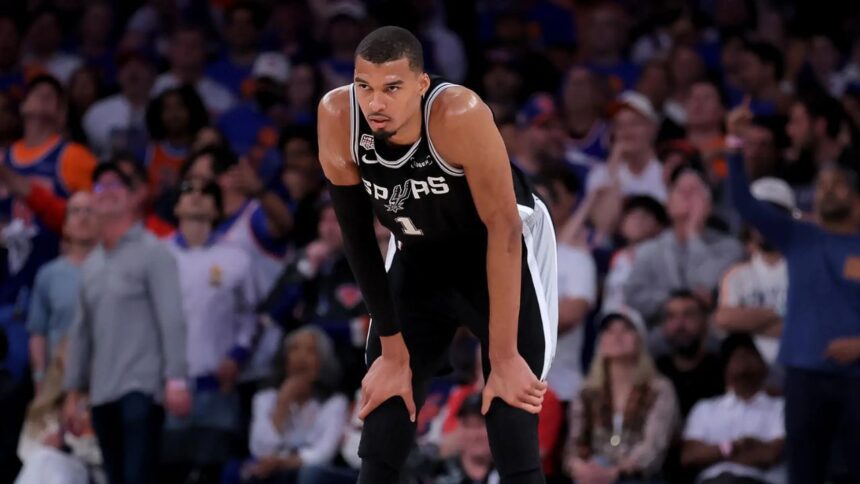 Jun 10, 2026; New York, New York, USA; San Antonio Spurs forward Victor Wembanyama (1) reacts during the fourth quarter of game four of the 2026 NBA Finals against the New York Knicks at Madison Square Garden. Mandatory Credit: Brad Penner-Imagn Images