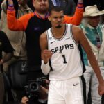 Jun 5, 2026; San Antonio, Texas, USA; San Antonio Spurs forward Victor Wembanyama (1) reacts against the New York Knicks in the second half during game two of the 2026 NBA Finals at Frost Bank Center. Mandatory Credit: Geoff Burke-Imagn Images