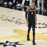 Jun 3, 2026; San Antonio, Texas, USA; San Antonio Spurs forward Victor Wembanyama (1) walks back up the court during the fourth quarter during game one against the New York Knicks of the 2026 NBA Finals at Frost Bank Center. Mandatory Credit: Daniel Dunn-Imagn Images