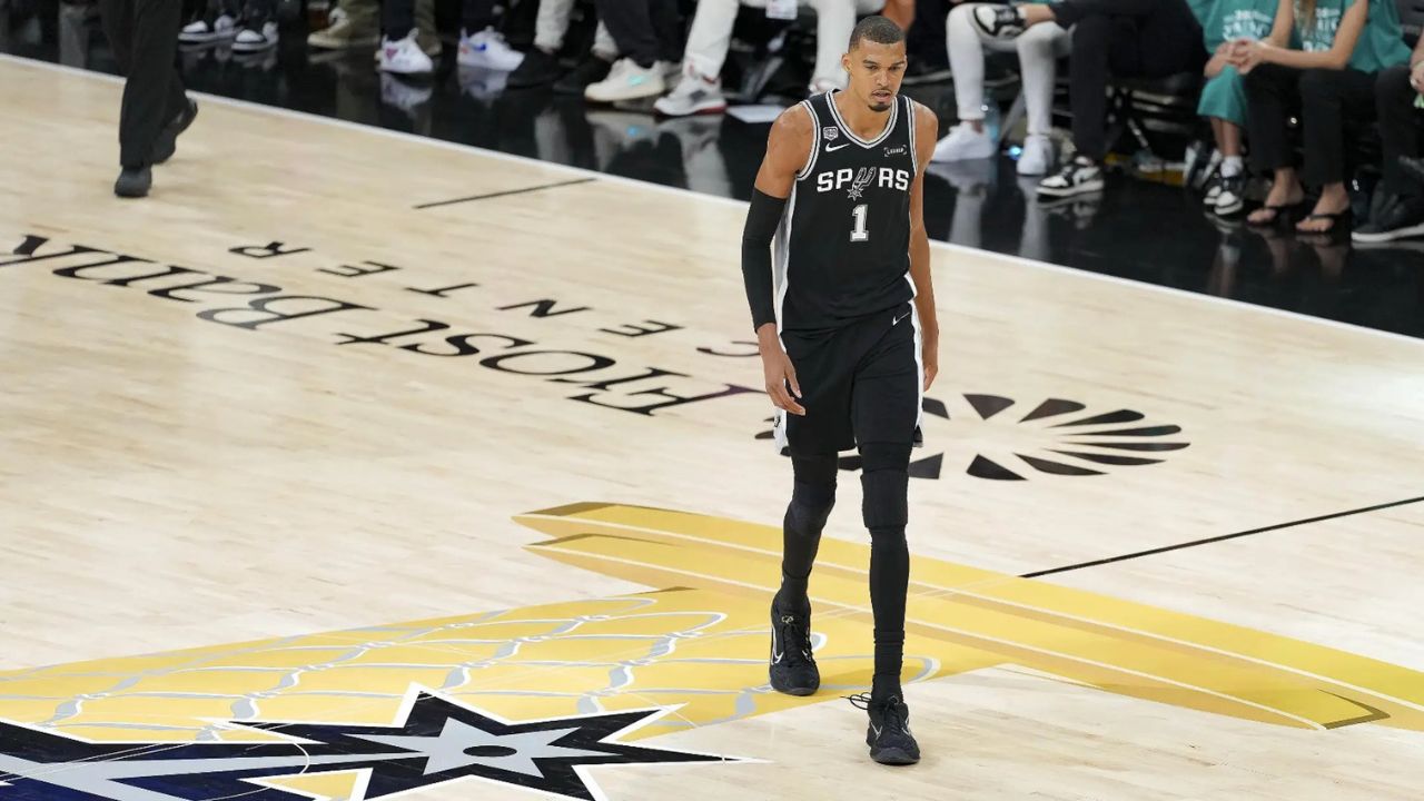 Jun 3, 2026; San Antonio, Texas, USA; San Antonio Spurs forward Victor Wembanyama (1) walks back up the court during the fourth quarter during game one against the New York Knicks of the 2026 NBA Finals at Frost Bank Center. Mandatory Credit: Daniel Dunn-Imagn Images