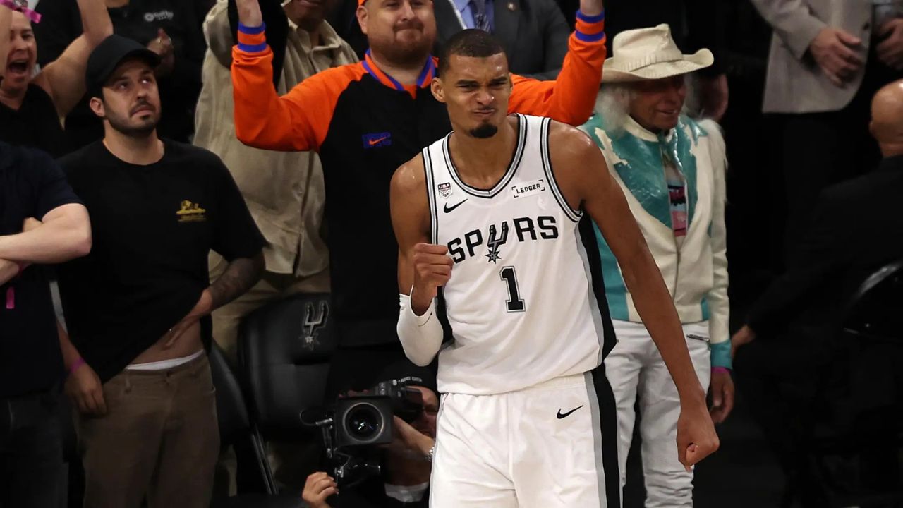 Jun 5, 2026; San Antonio, Texas, USA; San Antonio Spurs forward Victor Wembanyama (1) reacts against the New York Knicks in the second half during game two of the 2026 NBA Finals at Frost Bank Center. Mandatory Credit: Geoff Burke-Imagn Images