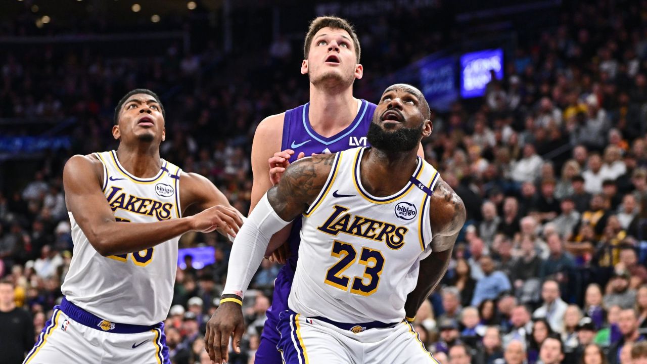SALT LAKE CITY, UT - DECEMBER 1: LeBron James #23 of the Los Angeles Lakers boxes out during the game against the Utah Jazz on December 1, 2024 at Delta Center in Salt Lake City, Utah. (Photo by Jamie Sabau/NBAE via Getty Images)