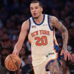 New York, New York, USA; New York Knicks forward Jeremy Sochan (20) dribbles up court against the Charlotte Hornets during the second half at Madison Square Garden. Mandatory Credit: Vincent Carchietta-Imagn Images