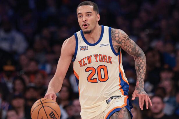 New York, New York, USA; New York Knicks forward Jeremy Sochan (20) dribbles up court against the Charlotte Hornets during the second half at Madison Square Garden. Mandatory Credit: Vincent Carchietta-Imagn Images