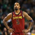 JR Smith #5 of the Cleveland Cavaliers reacts to his teams deficit during the first quarter against the Boston Celtics in Game One of the Eastern Conference Finals of the 2018 NBA Playoffs at TD Garden on May 13, 2018 in Boston, Massachusetts.