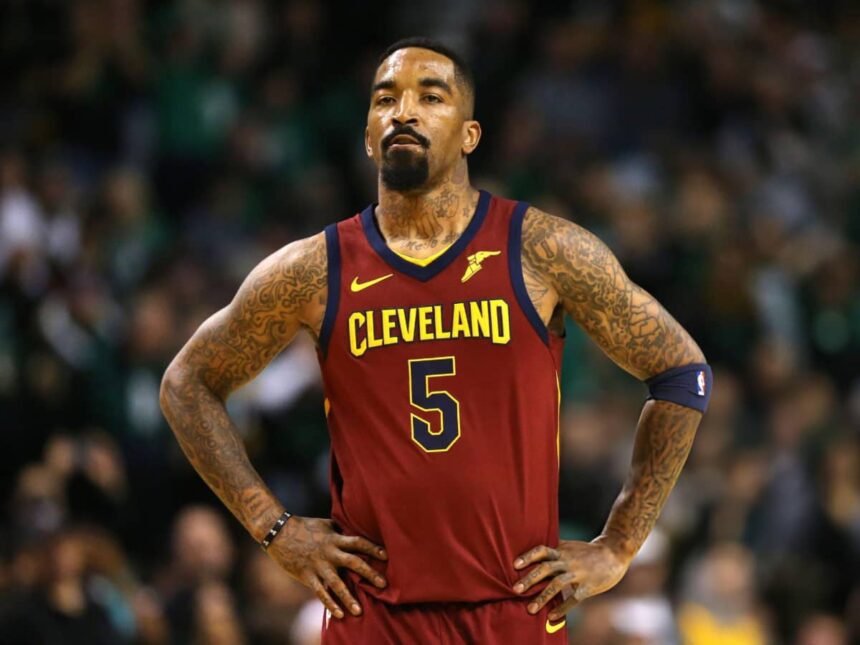JR Smith #5 of the Cleveland Cavaliers reacts to his teams deficit during the first quarter against the Boston Celtics in Game One of the Eastern Conference Finals of the 2018 NBA Playoffs at TD Garden on May 13, 2018 in Boston, Massachusetts.