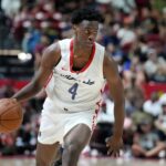 AJ Dybantsa in action for the Wizards at Summer League. Mandatory Credit: John Locher - AP Photo