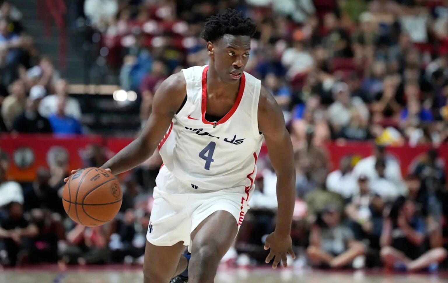 AJ Dybantsa in action for the Wizards at Summer League. Mandatory Credit: John Locher - AP Photo