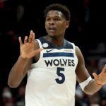 PORTLAND, OREGON - OCTOBER 22: Anthony Edwards #5 of the Minnesota Timberwolves reacts after his three point basket against the Portland Trail Blazers at Moda Center on October 22, 2025 in Portland, Oregon. (Photo by Steph Chambers/Getty Images)