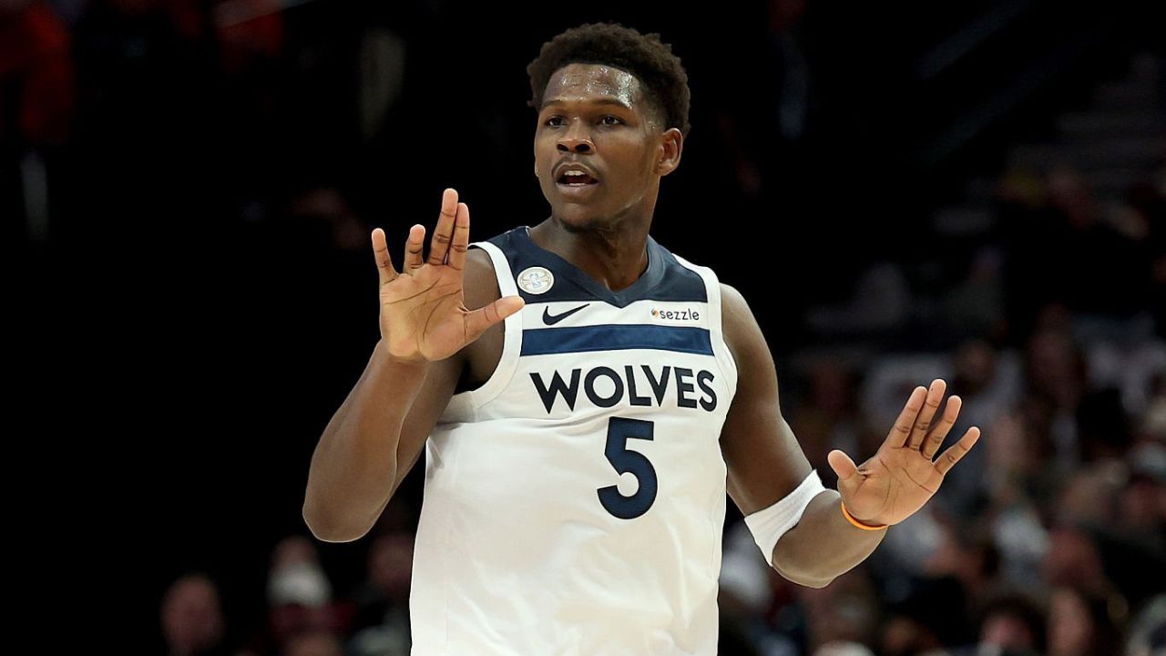 PORTLAND, OREGON - OCTOBER 22: Anthony Edwards #5 of the Minnesota Timberwolves reacts after his three point basket against the Portland Trail Blazers at Moda Center on October 22, 2025 in Portland, Oregon. (Photo by Steph Chambers/Getty Images)