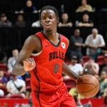 LAS VEGAS, NV - JULY 10: Caleb Wilson #8 of the Chicago Bulls dribbles the ball during the game against the Memphis Grizzlies on July 10, 2026 at the Thomas & Mack Center in Las Vegas, Nevada. (Photo by David Dow/NBAE via Getty Images)