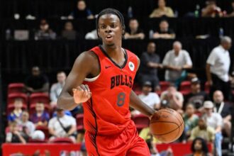LAS VEGAS, NV - JULY 10: Caleb Wilson #8 of the Chicago Bulls dribbles the ball during the game against the Memphis Grizzlies on July 10, 2026 at the Thomas & Mack Center in Las Vegas, Nevada. (Photo by David Dow/NBAE via Getty Images)