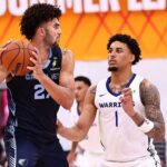 LAS VEGAS, NV - JULY 14: Yaxel Lendeborg #1 of the Golden State Warriors plays defense during the game against Cameron Boozer #27 of the Memphis Grizzlies on July 14, 2026 at the Cox Pavillion in Las Vegas, Nevada. (Photo by Mike Kirschbaum/NBAE via Getty Images)