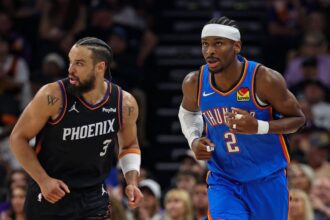 PHOENIX, AZ - APRIL 27: Dillon Brooks #3 of the Phoenix Suns and Shai Gilgeous-Alexander #2 of the Oklahoma City Thunder look on during the game during Round One Game Four of the 2026 NBA Playoffs on April 27, 2026 at PHX Arena in Phoenix, Arizona. (Photo by Zach Beeker/NBAE via Getty Images)