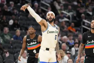 Mar 28, 2026; Milwaukee, Wisconsin, USA; Milwaukee Bucks guard Gary Trent Jr. (5) during the game against the San Antonio Spurs at Fiserv Forum. Mandatory Credit: Jeff Hanisch-Imagn Images