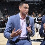 Jacob Tobey smiles during the game between the Utah Jazz and San Antonio Spurs at the Frost Bank Center in San Antonio, Texas on October 9, 2024.