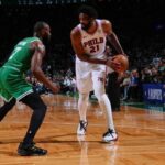 BOSTON, MA - MAY 2: Joel Embiid #21 of the Philadelphia 76ers is guarded by Jaylen Brown #7 of the Boston Celtics during the game during Round One Game Seven of the 2026 NBA Playoffs on May 2, 2026 at TD Garden in Boston, Massachusetts. (Photo by Brian Babineau/NBAE via Getty Images)