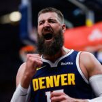 Apr 27, 2026; Denver, Colorado, USA; Denver Nuggets center Jonas Valanciunas (17) reacts after a play in the fourth quarter against the Minnesota Timberwolves during game five of the first round of the 2026 NBA Playoffs at Ball Arena. Mandatory Credit: Isaiah J. Downing-Imagn Images