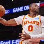 Mar 1, 2026; Atlanta, Georgia, USA; Atlanta Hawks forward Jonathan Kuminga (0) dunks against the Portland Trail Blazers in the fourth quarter at State Farm Arena. Mandatory Credit: Brett Davis-Imagn Images