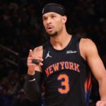 NEW YORK, NY - MARCH 24: Josh Hart #3 of the New York Knicks reacts during the game against the New Orleans Pelicans on March 24, 2026 at Madison Square Garden in New York City, New York. (Photo by Nathaniel S. Butler/NBAE via Getty Images)