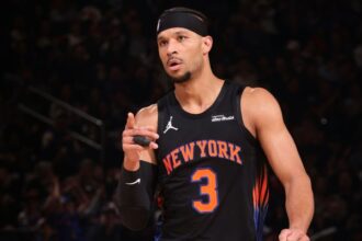 NEW YORK, NY - MARCH 24: Josh Hart #3 of the New York Knicks reacts during the game against the New Orleans Pelicans on March 24, 2026 at Madison Square Garden in New York City, New York. (Photo by Nathaniel S. Butler/NBAE via Getty Images)
