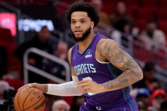 Feb 5, 2026; Houston, Texas, USA; Charlotte Hornets forward Miles Bridges (0) dribbles against the Houston Rockets during the first quarter at Toyota Center. Mandatory Credit: Erik Williams-Imagn Images