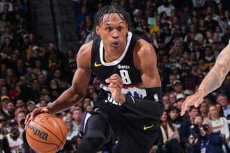 DENVER, CO - JANUARY 30: Peyton Watson #8 of the Denver Nuggets drives to the basket during the game against the Los Angeles Clippers on January 30, 2026 at Ball Arena in Denver, Colorado. (Photo by Bart Young/NBAE via Getty Images)