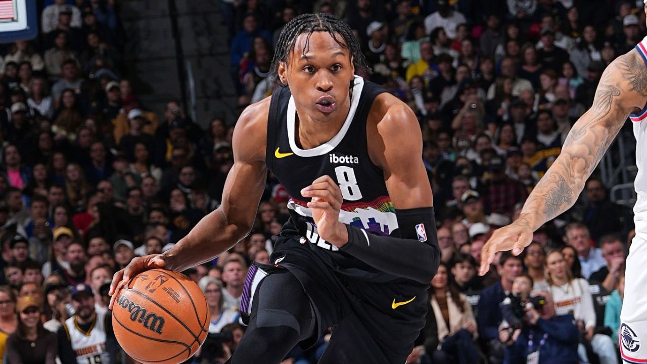 DENVER, CO - JANUARY 30: Peyton Watson #8 of the Denver Nuggets drives to the basket during the game against the Los Angeles Clippers on January 30, 2026 at Ball Arena in Denver, Colorado. (Photo by Bart Young/NBAE via Getty Images)